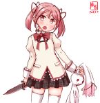  artist_logo black_skirt blood combat_knife commentary_request cosplay cowboy_shot dated highres holding_by_the_ears kaname_madoka kaname_madoka_(cosplay) kanon_(kurogane_knights) kantai_collection knife kyubey look-alike looking_at_viewer mahou_shoujo_madoka_magica md5_mismatch mitakihara_school_uniform open_mouth pink_eyes pink_hair plaid plaid_skirt pleated_skirt sazanami_(kantai_collection) school_uniform short_hair simple_background skirt solo thighhighs twintails weapon white_background white_legwear 