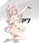  absurdres animal_ears bow commentary_request dress girls_frontline gun handgun highres holding holding_gun holding_weapon long_hair looking_at_viewer p.p_(operson_nangko) p7_(girls_frontline) panties pistol purple_hair solo thighhighs underwear weapon white_background white_hair white_legwear 