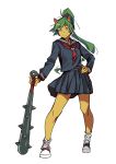  absurdres blue_eyes club commentary contrapposto eyebrows_visible_through_hair green_hair hand_on_hip highres horns kanabou long_hair looking_at_viewer oni original pleated_skirt ponytail school_uniform shoes skirt smile sneakers solo spiked_club standing twinpoo weapon yellow_skin 