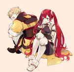  1girl bad_id bad_twitter_id blonde_hair eudes_(fire_emblem) fingerless_gloves fire_emblem fire_emblem:_kakusei gloves long_hair luna_(fire_emblem_if) odin_(fire_emblem_if) pherae red_hair selena_(fire_emblem) short_hair simple_background sitting smile spiked_hair thighhighs twintails 