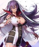  :o aqua_hair bangs bare_shoulders blush breasts cleavage covered_navel cowboy_shot cozy crossed_bangs dress hair_between_eyes half-closed_eyes highres impossible_clothes impossible_dress isabelle_(shadowverse) large_breasts long_hair long_sleeves looking_at_viewer multicolored_hair open_mouth purple_eyes purple_hair shadowverse shiny shiny_skin short_dress shoulder_cutout simple_background sleeves_past_wrists solo standing two-tone_hair v-shaped_eyebrows very_long_hair waist_cape white_background 
