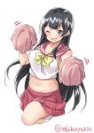  ;d agano_(kantai_collection) black_hair blush bow breasts cheerleader cleavage cowboy_shot crop_top ebifurya green_eyes highres kantai_collection kneehighs leg_up long_hair looking_at_viewer medium_breasts midriff miniskirt navel one_eye_closed open_mouth pink_sailor_collar pom_poms red_skirt sailor_collar shiny shiny_hair shirt sidelocks simple_background skirt sleeveless sleeveless_shirt smile solo standing standing_on_one_leg stomach twitter_username very_long_hair white_background white_legwear yellow_bow yellow_neckwear 