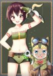  1girl :d arlly_radithia arm_up armpits bangs bare_shoulders belt belt_buckle black_belt black_shorts blue_eyes blush bow bow_(weapon) brown_gloves brown_hair brown_jacket buckle collarbone commentary_request crossbow eyebrows_visible_through_hair felyne fingerless_gloves gloves goggles goggles_on_head green_capelet green_gloves hand_on_hip hat highres jacket monster_hunter monster_hunter:_world navel open_mouth red_bow red_eyes round_teeth salute short_shorts shorts smile teeth upper_teeth weapon yellow_hat 