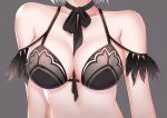  absurdres arms_at_sides bare_shoulders between_breasts black_bra black_ribbon bra breasts cleavage close-up collarbone commentary feather_trim feathers grey_background grey_hair head_out_of_frame highres janary lingerie medium_breasts neck_ribbon nier_(series) nier_automata ribbon shiny shiny_skin short_hair simple_background solo strap_gap underwear underwear_only upper_body yorha_no._2_type_b 