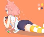  absurdres animal_ears ass bike_shorts blue_eyes cat_ears highres hinata_channel legs loli_king long_hair lying nekomiya_hinata no_tail on_stomach pink_hair shorts simple_background smile solo striped striped_legwear thighhighs twintails vest virtual_youtuber 