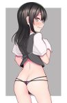  ass bad_id bad_pixiv_id black_hair black_triangle_(artist) blush border butt_crack cowboy_shot from_behind gloves grey_background grey_eyes highres kantai_collection long_hair looking_at_viewer looking_back outside_border oyashio_(kantai_collection) panties purple_panties short_sleeves solo standing underwear wavy_mouth white_border white_gloves 