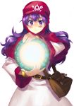  bright_pupils capelet commentary_request curly_hair dragon_quest dragon_quest_ii dress eyebrows holding hood hood_up long_hair long_sleeves looking_at_viewer mirror princess_of_moonbrook purple_hair solo standing tonykun white_dress white_robe 