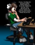  ... 2017 4_toes 5_fingers anthro black_claws black_fur bronw_eyes canine catmonkshiro claws clothed clothing collar computer dalmatian dialogue digital_drawing_(artwork) digital_media_(artwork) dog english_text fur gradient_background green_shirt hi_res human male mammal multicolored_fur name_tag open_mouth red_collar shirt simple_background sitting smile solo spots spotted_fur text thrash toe_claws toes torn_clothing transformation two_tone_fur white_fur 