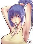  absurdres armpits arms_behind_head arms_up blue_eyes blue_hair breasts close-up commentary crop_top eddyho hair_tie_in_mouth hairband high_ponytail highres leona_heidern looking_at_viewer medium_breasts mouth_hold ponytail solo tank_top the_king_of_fighters the_king_of_fighters_xiv toned tying_hair 
