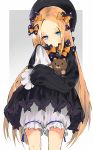  1girl abigail_williams_(fate/grand_order) absurdres bangs black_bow black_dress black_hat blonde_hair bloomers blue_eyes bow bug butterfly closed_mouth commentary_request dress fate/grand_order fate_(series) forehead gradient gradient_background grey_background hair_bow hat head_tilt highres insect long_hair long_sleeves looking_at_viewer moonlaw object_hug orange_bow parted_bangs polka_dot polka_dot_bow sleeves_past_fingers sleeves_past_wrists solo stuffed_animal stuffed_toy teddy_bear underwear very_long_hair white_background white_bloomers 