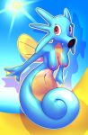  2018 anthro anthrofied blue_body blush breasts elpatrixf female horsea nintendo nipples nude open_mouth pok&eacute;mon pok&eacute;mon_(species) red_eyes sky solo sun video_games yellow_body 