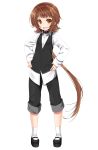  brown_eyes brown_hair candy collar dress_shirt food hands_on_hips highres lollipop long_hair open_mouth original pants pants_rolled_up ponytail shirasu_youichi shirt simple_background solo waistcoat white_background 