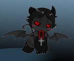  all_fours ambiguous_gender azazel_(tboi) black_hair blush clothing cross cute demon girly glowing glowing_eyes hair horn jewelry looking_at_viewer male mammal membranous_wings necklace not_furry red_eyes simple_background solo the_binding_of_isaac the_binding_of_isaac_rebirth wings 