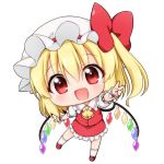  :d arm_up bangs blonde_hair blush bow chibi cravat crystal eyebrows_visible_through_hair fang flandre_scarlet frilled_shirt_collar frilled_skirt frilled_sleeves frills full_body hair_between_eyes hat hat_bow hat_ribbon head_tilt kneehighs looking_at_viewer mary_janes medium_hair mob_cap open_mouth outstretched_arm puffy_short_sleeves puffy_sleeves red_bow red_eyes red_footwear red_ribbon red_skirt red_vest ribbon shiny shiny_hair shirt shoes short_sleeves side_ponytail simple_background skirt skirt_set smile solo standing standing_on_one_leg suwa_yasai touhou v vest white_background white_hat white_legwear white_shirt wings wrist_cuffs yellow_neckwear 