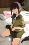  :d ^_^ ^o^ anchor_symbol bangs black_hair blanket blunt_bangs blush braid closed_eyes day facing_viewer futon green_jacket green_sailor_collar hair_over_shoulder indoors jacket kantai_collection kitakami_(kantai_collection) lunch_(lunch3) miniskirt no_shoes on_bed open_mouth pillow pocket rigging sailor_collar short_sleeves sidelocks single_braid sitting skirt smile solo sunlight tatami undressing unzipping used_tissue wariza zipper 