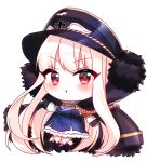  bangs black_cape black_footwear black_hat blue_dress boots cape chibi commentary dress eyebrows_visible_through_hair full_body fur-trimmed_cape fur_trim girls_frontline hat iron_cross kar98k_(girls_frontline) knee_boots light_brown_hair long_hair long_sleeves looking_at_viewer mamel_27 parted_lips peaked_cap pleated_dress red_eyes shirt simple_background sleeves_past_wrists solo v-shaped_eyebrows very_long_hair white_background white_shirt 