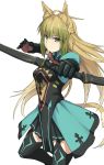  animal_ears aqua_eyes atalanta_(fate) black_gloves black_legwear blonde_hair bow_(weapon) breasts cat_ears cat_tail closed_mouth dress eyebrows_visible_through_hair fate/apocrypha fate_(series) gloves gradient_hair green_hair holding holding_bow_(weapon) holding_weapon long_hair looking_at_viewer looking_to_the_side multicolored_hair serious shiseki_hirame simple_background small_breasts solo tail thighhighs weapon white_background 