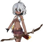  armlet arrow bikini_top bow_(weapon) breasts dark_skin gloves highres holster looking_at_viewer medium_breasts mole mole_under_eye navel original quiver red_eyes shirasu_youichi short_hair shorts silver_hair simple_background solo thigh_holster weapon 