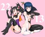  areola breast_hold breasts feet halloween horns love_live! love_live!_sunshine!! no_bra nopan tail thighhighs tsushima_yoshiko wings yazawa_nico zundarepon 