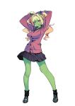  :q absurdres blonde_hair breasts cardigan commentary contrapposto eyebrows_visible_through_hair green_skin highres horns large_breasts long_hair looking_at_viewer oni original pleated_skirt red_eyes school_uniform skirt smile solo standing tongue tongue_out twinpoo twintails 