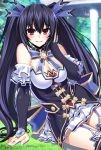  bare_shoulders black_hair black_legwear blush breasts bridal_gauntlets cleavage detached_collar elbow_gloves eyebrows_visible_through_hair flower frills garter_belt garter_straps gloves grass hair_between_eyes hand_on_own_face highres large_breasts long_hair looking_at_viewer neptune_(series) noire nyamota red_eyes sitting smile twintails very_long_hair 