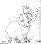 2016 black_and_white bottomless claws clothed clothing czgoldedition hi_res male mammal monochrome partially_clothed rat rat_taur rodent rodent_taur signature smile solo taur whiskers 