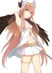  blue_eyes breasts circe_(fate/grand_order) cleavage fate/grand_order fate_(series) feathered_wings holding holding_staff long_hair looking_at_viewer navel parted_lips pink_hair pointy_ears shiseki_hirame simple_background skirt sleeveless small_breasts solo staff white_background wings 