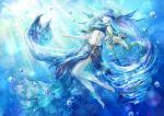  anklet aqua_eyes aqua_hair barefoot bikini_top blue blue_skirt breasts bubble closed_mouth commentary_request day expressionless fish_tail hair_ornament highres jewelry legs long_hair long_skirt midriff navel ningyo_hime_(sinoalice) outdoors signature sinoalice skirt small_breasts solo sunlight tail twintails underwater very_long_hair wariko white_skin 