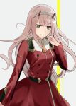  brown_neckwear darling_in_the_franxx dress floating_hair green_eyes grey_background grey_hairband hairband horns long_hair looking_at_viewer meet necktie pink_hair red_dress shiny shiny_hair short_necktie smile solo standing uniform very_long_hair zero_two_(darling_in_the_franxx) 