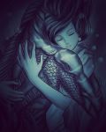  amphibian_humanoid amphibian_man digital_media_(artwork) donovan288 duo eliza_esposito eyes_closed female fish_humanoid guillermo_del_toro hair hug human humanoid male mammal teeth the_shape_of_water underwater water 