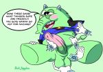  2019 anthro balls blush bob-jiggles cartoon_network clothing digital_media_(artwork) fred_fredburger fur green_fur hi_res male mammal nipples open_mouth overweight penis simple_background smile solo text the_grim_adventures_of_billy_and_mandy trunk 