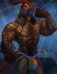  2018 abs anthro biceps biped brown_scales brown_stripes brown_tail bulge clothed clothing digital_media_(artwork) dinosaur dj flexing front_view headphones headphones_around_neck hi_res jockstrap keon_mckinley looking_at_viewer male marsel-defender muscular muscular_male nightclub orange_eyes parasaurolophus pecs pepsi_(fa) portrait pose rainbow_bottomwear rainbow_clothing rainbow_underwear scales scalie smile solo standing striped_scales striped_tail stripes three-quarter_portrait topless underwear 