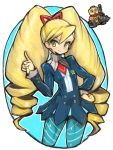  1girl badge blonde_hair blue_legwear blush capcom dakusuta hair_ornament hand_gesture hand_on_hips legwear long_hair looking_to_the_side rockman ryuusei_no_rockman school_uniform shirogna_luna small_breasts smile solo_focus twintails 