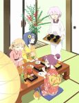  :d ^_^ alternate_hairstyle bag blonde_hair blue_hair chopsticks closed_eyes cup flower fried_chicken furutani_himawari green_tea grey_hair hair_flower hair_ornament handbag highres ikeda_chitose indoors japanese_clothes kfc kimono multiple_girls ochadzuke oomuro_sakurako open_mouth plate purple_hair seiza sitting smile sugiura_ayano table tea twintails yuru_yuri 