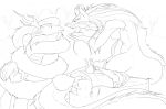  2018 adannyfox anthro black_and_white bowl breasts claws coiling digital_media_(artwork) dragon duo eastern_dragon eyebrows female flesh_whiskers fur furred_dragon holding_object horn long_tail male monochrome nude side_boob 