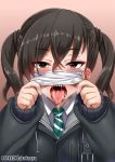  1girl artist_name bangs black_jacket blush brown_hair darkmaya drawstring eyebrows_visible_through_hair face face_mask fangs hair_between_eyes half-closed_eyes holding idolmaster idolmaster_cinderella_girls jacket mask necktie oral_invitation patreon_username pink_background saliva sharp_teeth shirt short_hair short_twintails solo striped striped_neckwear sunazuka_akira teeth tongue tongue_out twintails upper_body white_shirt 