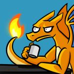  2017 blue_background charizard coffee_mug cup digital_drawing_(artwork) digital_media_(artwork) dragon fire frown holding_cup male nintendo orange_body parody pok&eacute;mon pok&eacute;mon_(species) reaction_image side_view signature simple_background sitting solo stare table tan_body two_tone_body unknown_artist video_games wings 