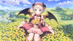  blue_eyes boots cygames demon_tail demon_wings earrings field flower flower_field grey_hair horns jewelry kazemiya_yori knee_boots official_art princess_connect! tail wings 