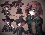  absurdres artist_request brown_eyes danganronpa english evil_grin evil_smile grin hair_ornament hairclip hat highres looking_at_viewer multiple_views new_danganronpa_v3 red_hair school_uniform short_hair smile witch_hat yumeno_himiko 