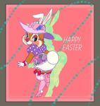  2016 anthro border cheek_tuft chipmunk clarice_(disney) clothed clothing disney dress easter eyelashes fake_ears fake_rabbit_ears fake_rabbit_tail fake_tail female flower footwear fur hat high_heels holiday_message holidays kurokuma824 looking_back mammal on_one_leg open_mouth open_smile pink_background plant red_nose rodent rose shoes simple_background smile solo standing tan_fur tuft white_gloves 