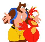  2018 angry anthro avian backpack banjo-kazooie banjo_(banjo-kazooie) beak bear big_butt bird black_nose blue_eyes breasts breegull brown_fur butt clothed clothing digital_media_(artwork) duo eyelashes feathers featureless_breasts female fur green_eyes hi_res huge_butt huge_hips jewelry kazooie male mammal necklace non-mammal_breasts open_beak open_mouth shorts simple_background sssonic2 sweat sweatdrop thick_thighs topless video_games voluptuous white_background wide_hips 