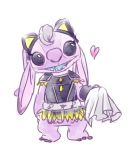 &lt;3 2016 3_toes alien angel_(lilo_and_stitch) blue_tongue bottomless clothed clothing costume digital_media_(artwork) disney ears_down experiment_(species) eyelashes fake_cat_ears fake_ears heavy_metal hi_res holding_object kurokuma824 lilo_and_stitch looking_at_viewer musical_note open_mouth open_smile purple_body purple_eyes purple_nose rag rocker shoulder_pads simple_background smile solo standing toes white_background 