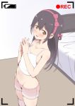  bed black_hair blush bow brown_eyes camisole collarbone commentary fingers_together groin hair_between_eyes hair_bow hairband hibiki_ao hibiki_ao_(character) indoors long_hair looking_at_viewer midriff navel nose_blush piano-alice pink_bow pink_hairband recording shorts sketch solo standing thighhighs virtual_youtuber 