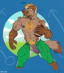  abs aiden_(disambiguation) anthro biceps canine clothed clothing dog fur green_eyes hair kihu male mammal muscular muscular_male nipples open_pants pants pecs penis simple_background smile solo standing topless uncut vein 