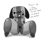  2018 animate_inanimate anthro anus beady_eyes bunihud butt canine detachable dialogue digital_media_(artwork) english_text eyelashes feet female floppy_ears front_view greyscale lying mammal monochrome navel nintendo nintendo_switch nude on_back open_mouth pose presenting pussy rear_view short_stack simple_background smile solo spread_legs spreading switch_dog text thick_thighs tongue video_games white_background 