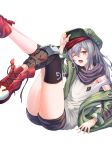  ;o absurdres adjusting_clothes adjusting_hat arm_support arm_up black_legwear black_scarf black_shorts blush eyebrows_visible_through_hair g11_(girls_frontline) girls_frontline green_hat green_jacket hand_on_headwear hat highres jacket kimsw0522 knee_pads leaning_forward legs_up long_hair long_sleeves looking_at_viewer one_eye_closed open_mouth red_footwear scarf shiny shiny_hair shoes short_shorts shorts silver_hair simple_background solo strap_slip tank_top thighhighs thighs untied_shoes white_background yellow_eyes 