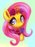  2018 cute equine eyelashes eyeshadow female feral flower flower_in_hair fluttershy_(mlp) friendship_is_magic gradient_background green_background hair headshot_portrait looking_at_viewer makeup mammal mascara my_little_pony pink_hair plant portrait signature simple_background smile solo sorcerushorserus teal_eyes 