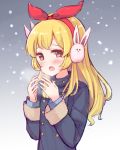  :o aikatsu! aikatsu!_(series) animal_earmuffs bangs black_coat blonde_hair blush breath bunny_earmuffs earmuffs eyebrows_visible_through_hair hair_ribbon hairband hands_up head_tilt hoshimiya_ichigo long_hair long_sleeves looking_at_viewer makiaato open_mouth outdoors red_eyes red_hairband red_ribbon ribbon snowing solo 