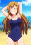  ^_^ armpits arms_behind_head arms_up ass_visible_through_thighs bangs bare_shoulders beach blue_sky blue_swimsuit blush braid breasts closed_eyes closed_mouth cloud collarbone competition_school_swimsuit contrapposto covered_navel cowboy_shot day eyebrows_visible_through_hair facing_viewer idolmaster idolmaster_million_live! kousaka_umi lens_flare long_hair medium_breasts ocean one-piece_swimsuit shiny shiny_hair skin_tight sky smile solo standing straight_hair swimsuit tanuki_(metaltanuki) twin_braids very_long_hair water 
