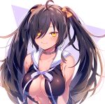  bare_shoulders black_hair blush breasts cleavage closed_mouth collarbone commentary_request eyebrows_visible_through_hair hair_ornament large_breasts long_hair looking_at_viewer moe_on_drop original smile smirk smug solo twintails upper_body yellow_eyes 